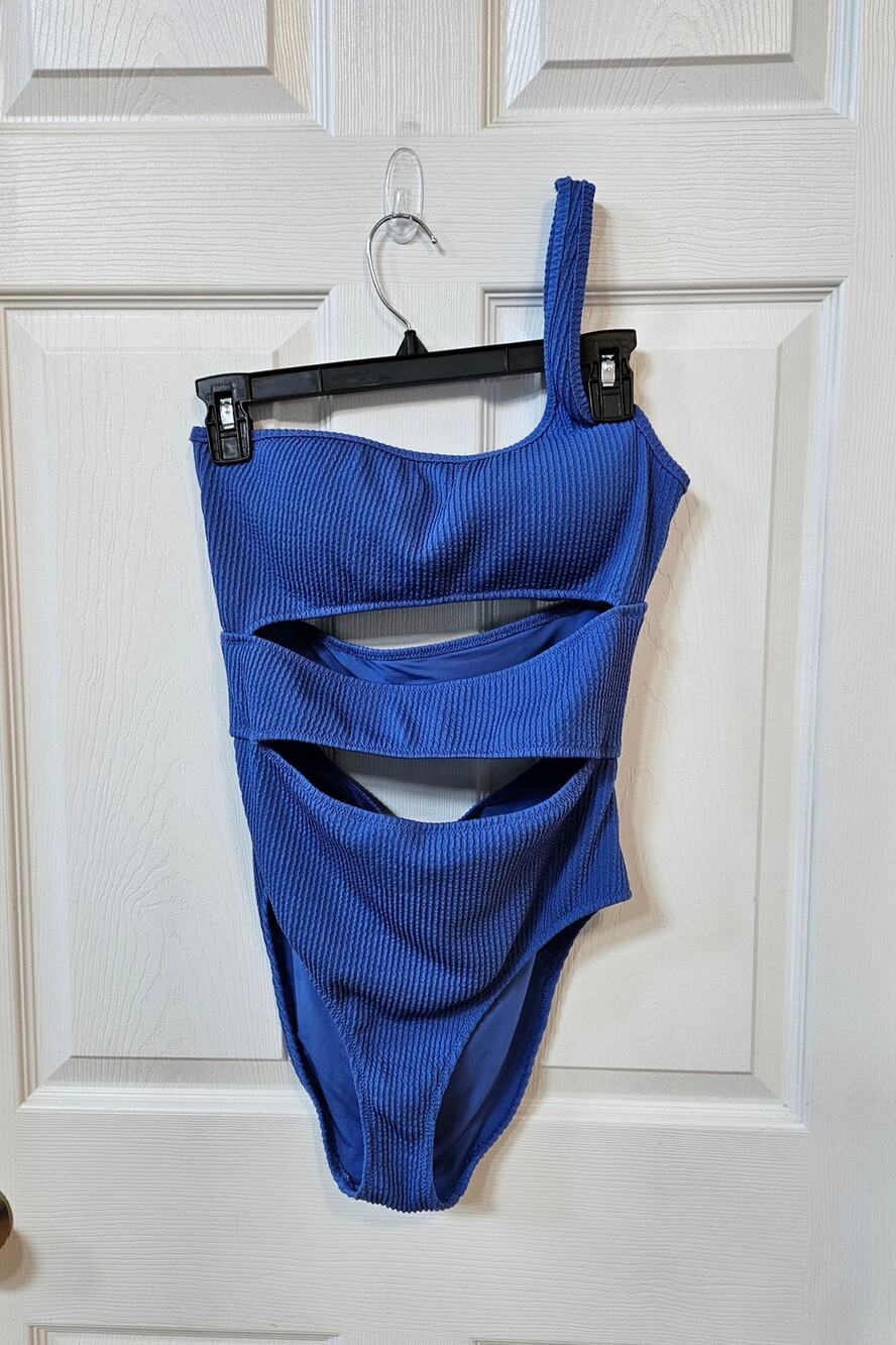 Aerie One Shoulder Cutout One Piece Swimsuit Blue Ribbed UPF 50 Women's Medium